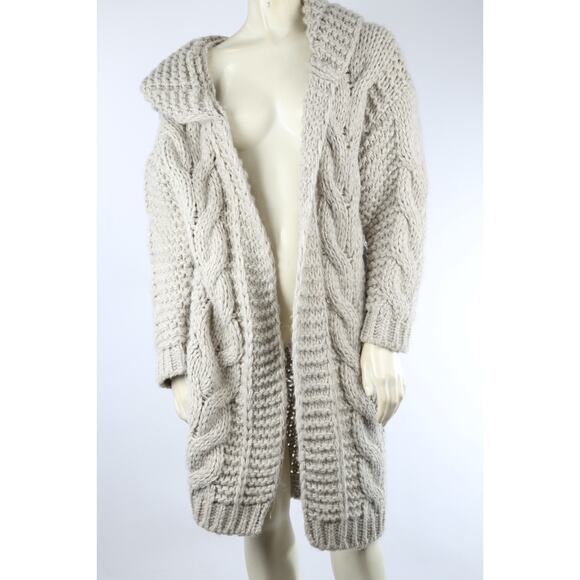 COCOMORE Light Gray Cable Knit Alpaca Hooded Long Cardigan Sweater Size 4 - Picture 1 of 16
